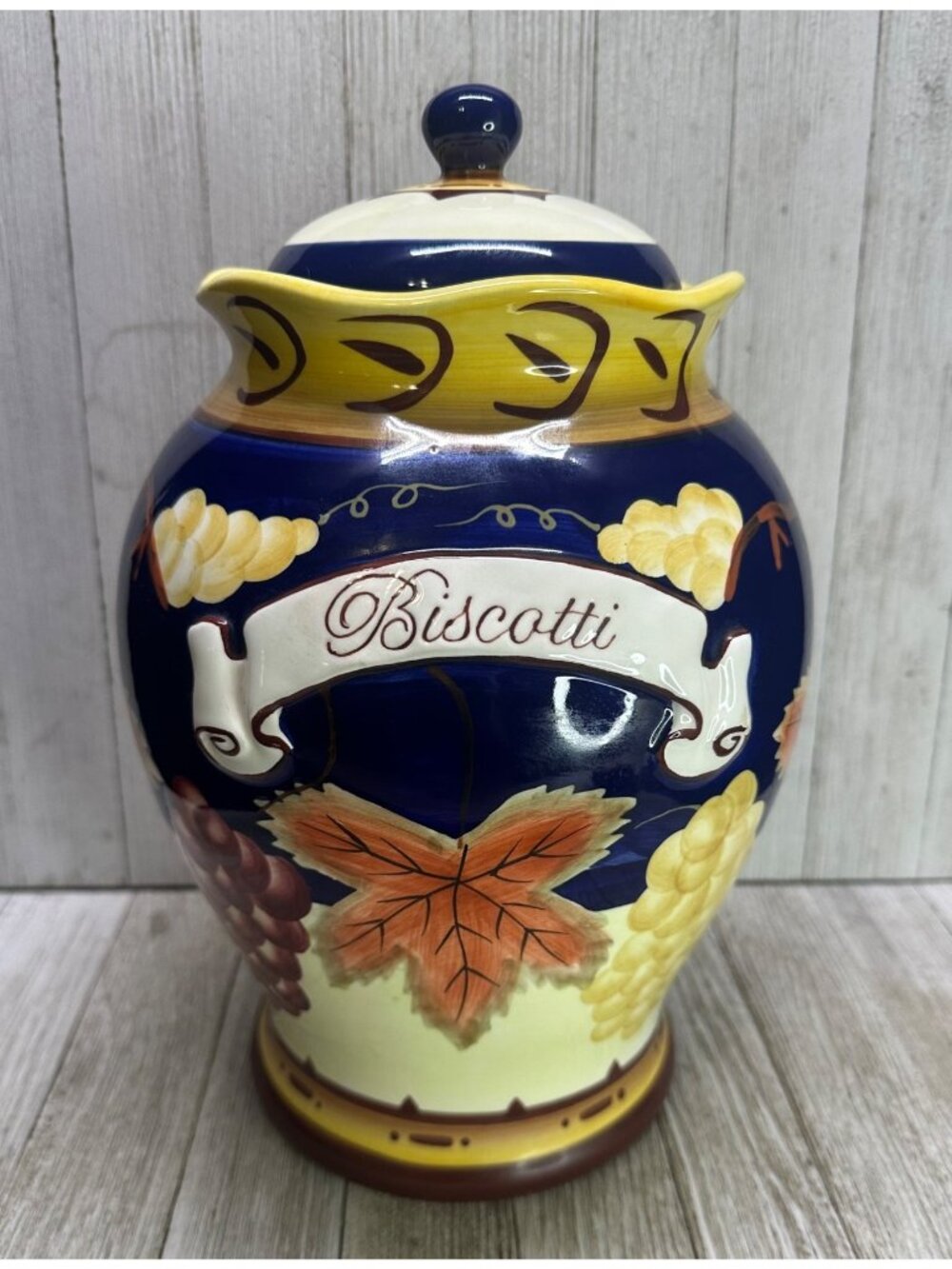 Vtg Cobalt Blue 11" Tall Cookie Jar BISCOTTI Canister Fall Leaves French Country